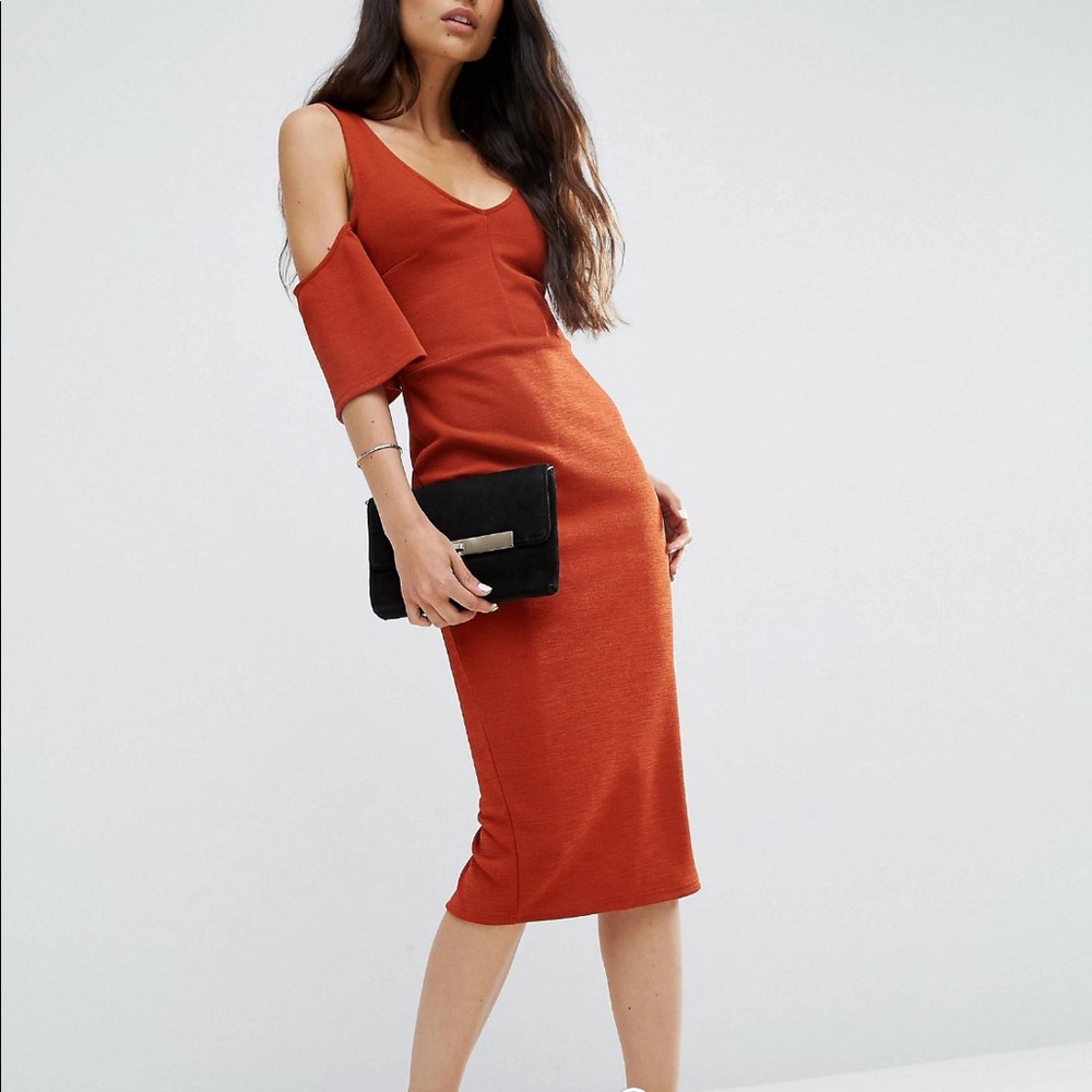 ASOS crepe cold shoulder fluted sleeve dress